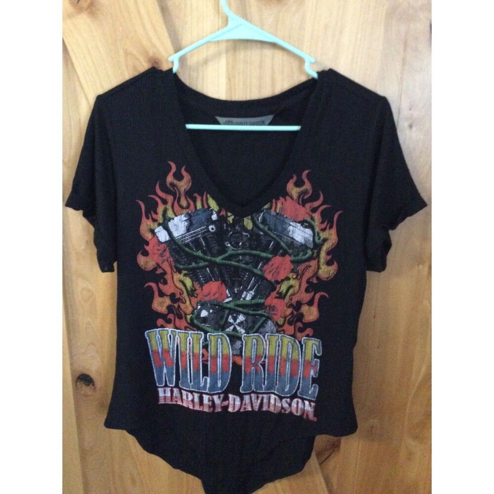 Harley Davidson XL V neck Body Suit Black Wild Ride Roses Fire